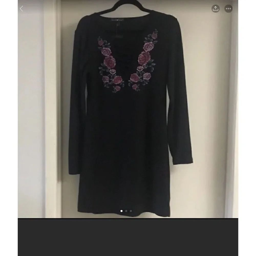 NWT~Derek Heart Black Knit Pink Rose Motif Mini Dress Sz Large